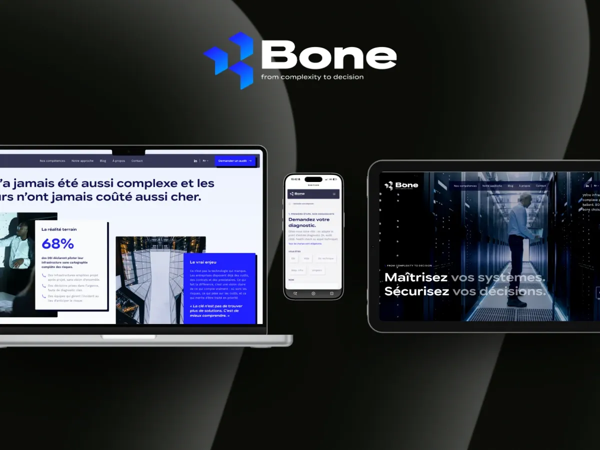 Le site BONE IT présenté sur ordinateur portable, téléphone et tablette, sous le logotype Bone.